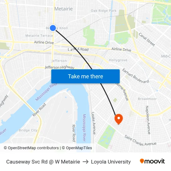 Causeway Svc Rd @ W Metairie to Loyola University map
