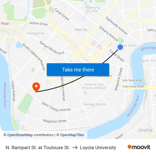 N. Rampart St. at Toulouse St. to Loyola University map