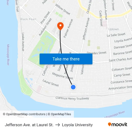 Jefferson Ave. at Laurel St. to Loyola University map