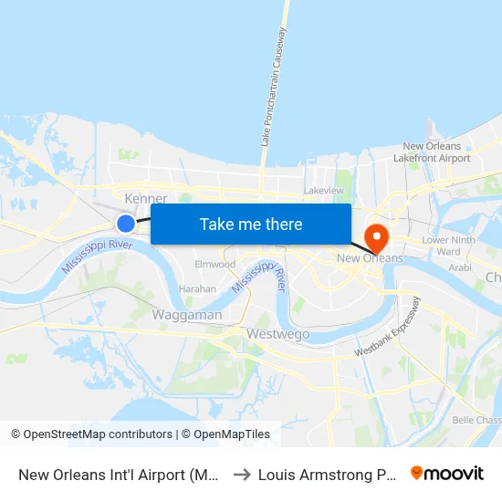 New Orleans Int'l Airport (MSY) to Louis Armstrong Park map