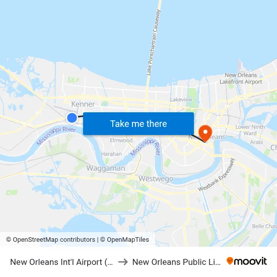 New Orleans Int'l Airport (MSY) to New Orleans Public Library map