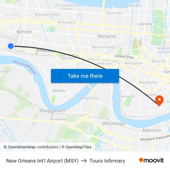 New Orleans Int'l Airport (MSY) to Touro Infirmary map