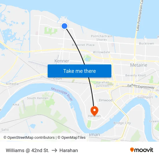 Williams @ 42nd St. to Harahan map