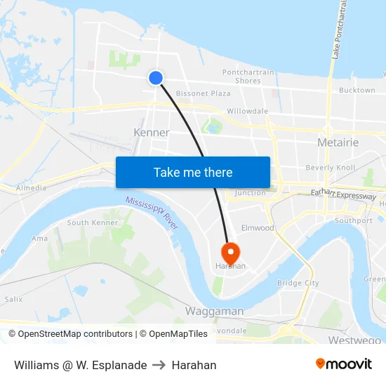 Williams @ W. Esplanade to Harahan map