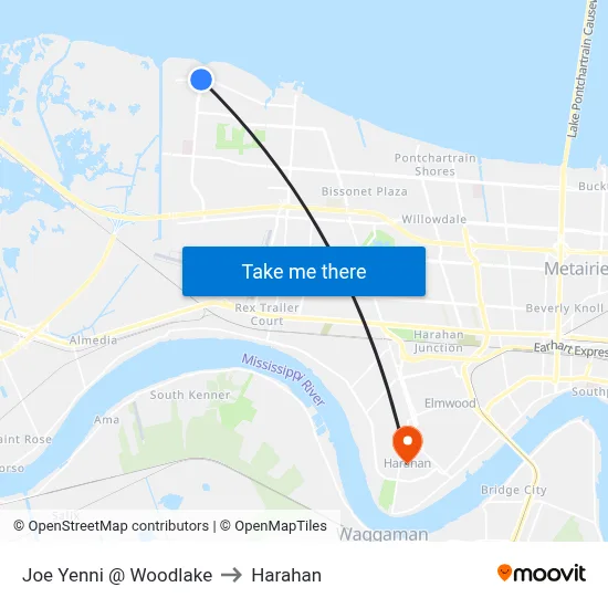 Joe Yenni @ Woodlake to Harahan map