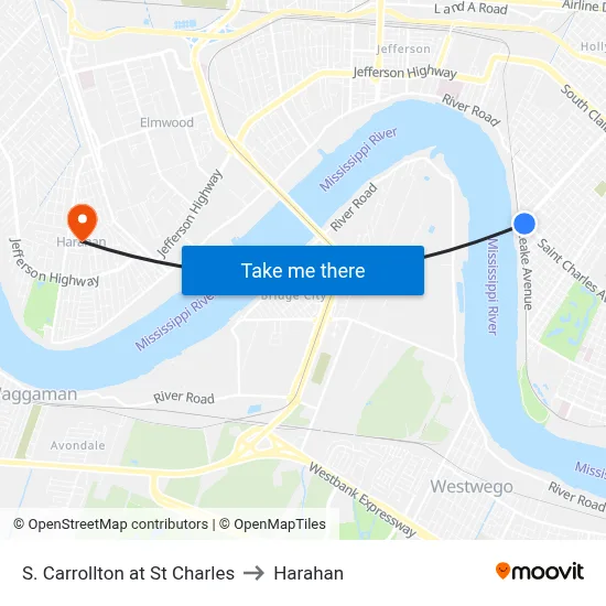 S. Carrollton at St Charles to Harahan map