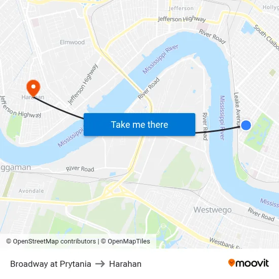 Broadway at Prytania to Harahan map