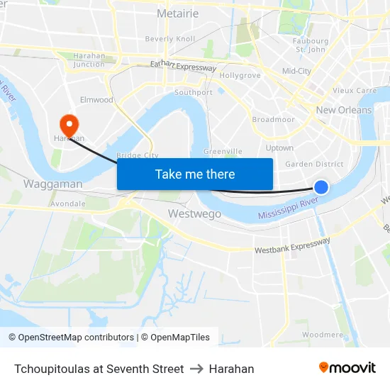 Tchoupitoulas at Seventh Street to Harahan map