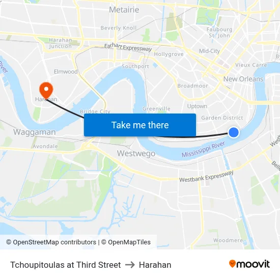 Tchoupitoulas at Third Street to Harahan map