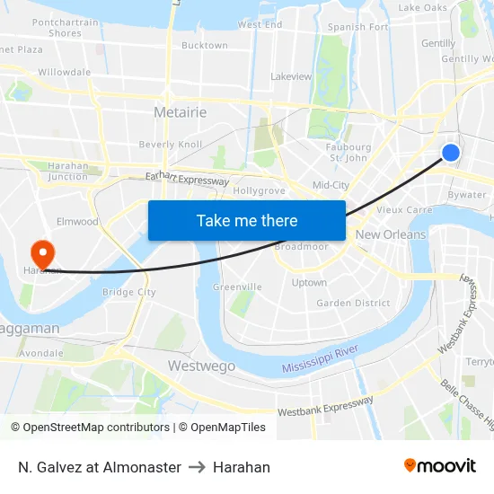 N. Galvez at Almonaster to Harahan map