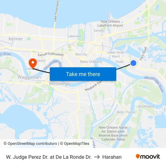 W. Judge Perez Dr. at De La Ronde Dr. to Harahan map