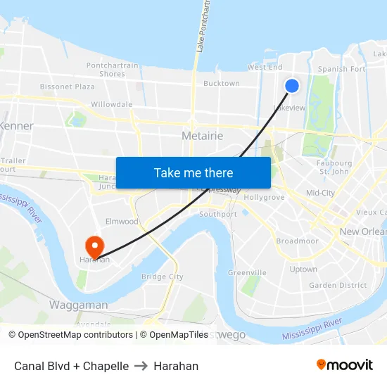 Canal Blvd + Chapelle to Harahan map