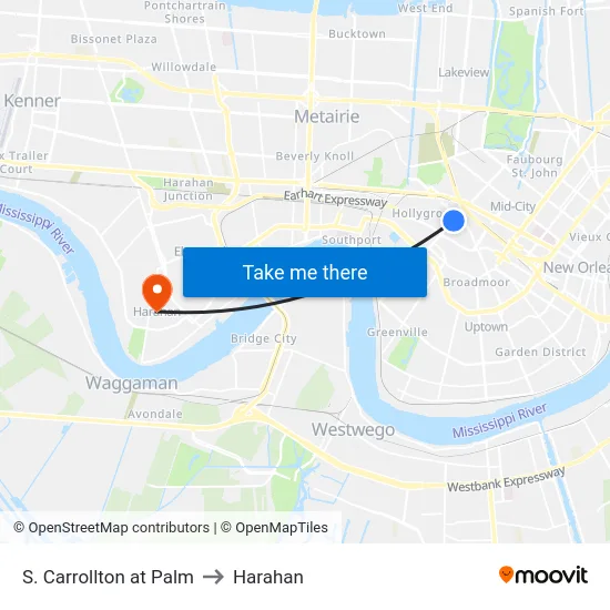 S. Carrollton at Palm to Harahan map