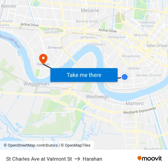 St Charles Ave at Valmont St to Harahan map