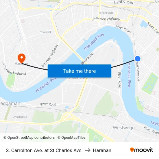 S. Carrollton Ave. at St Charles Ave. to Harahan map