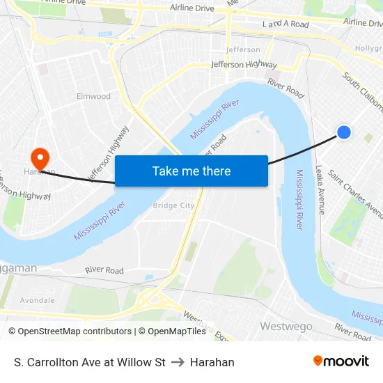 S. Carrollton Ave at Willow St to Harahan map