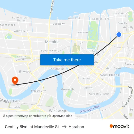 Gentilly Blvd. at Mandeville St. to Harahan map