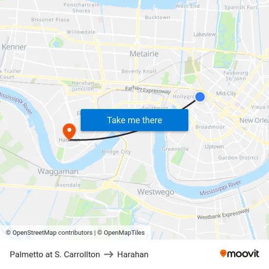 Palmetto at S. Carrollton to Harahan map