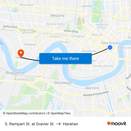 S. Rampart St. at Gravier St. to Harahan map