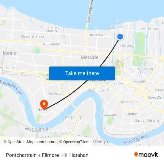 Pontchartrain + Filmore to Harahan map
