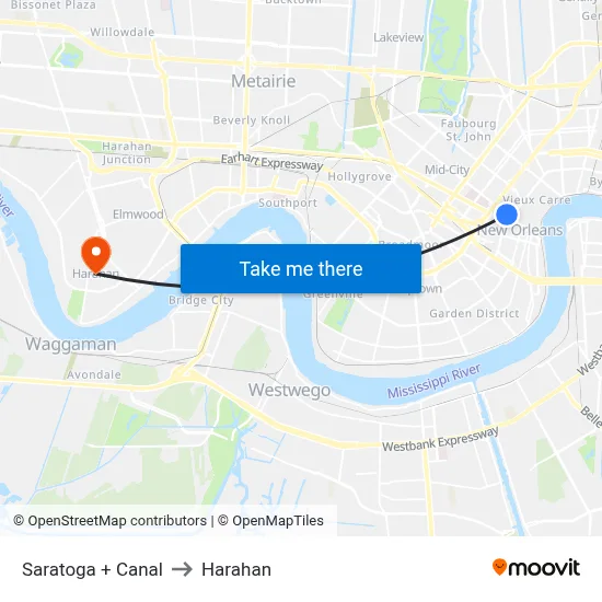 Saratoga + Canal to Harahan map