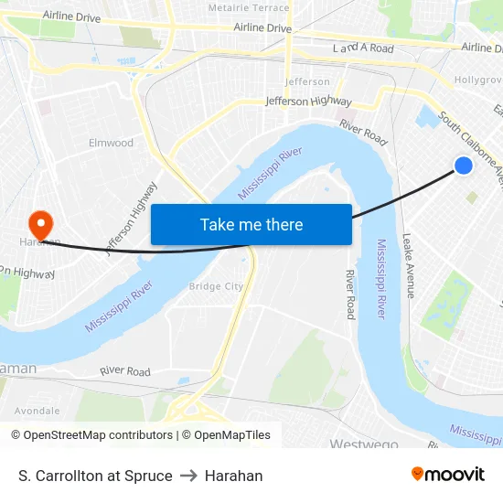 S. Carrollton at Spruce to Harahan map