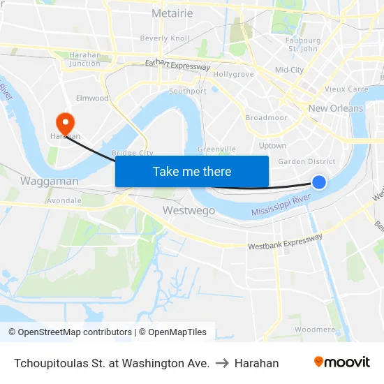 Tchoupitoulas St. at Washington Ave. to Harahan map