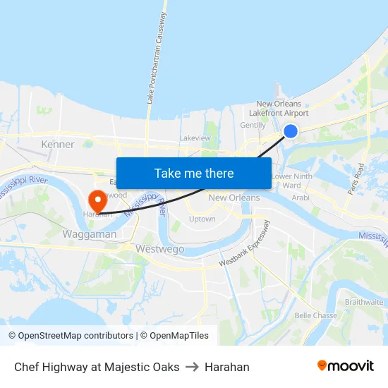 Chef Highway at Majestic Oaks to Harahan map