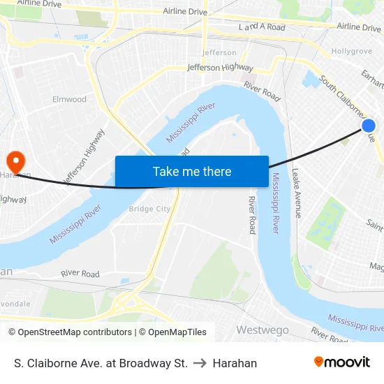 S. Claiborne Ave. at Broadway St. to Harahan map