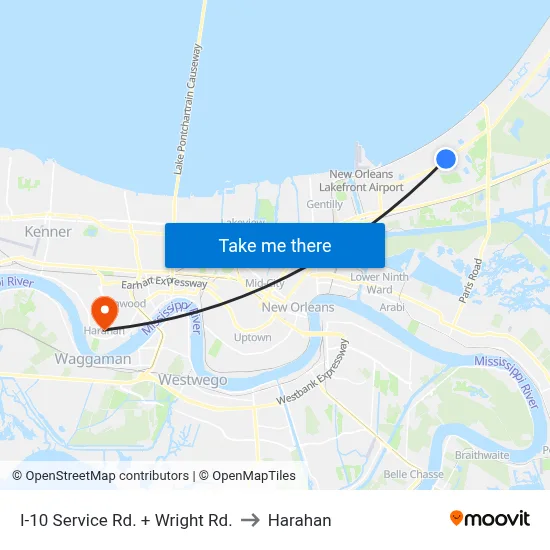 I-10 Service Rd. + Wright Rd. to Harahan map