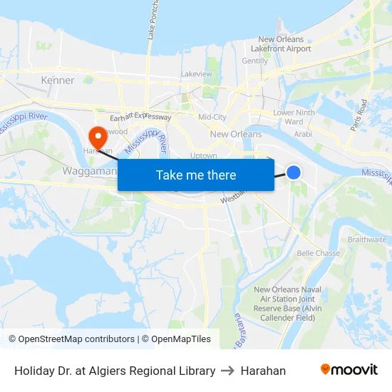 Holiday Dr. at Algiers Regional Library to Harahan map