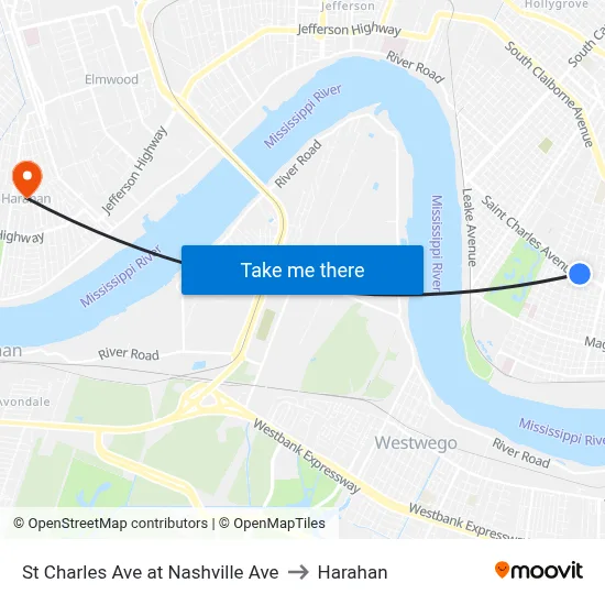 St Charles Ave at Nashville Ave to Harahan map