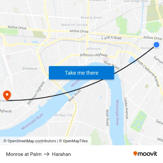Monroe at Palm to Harahan map