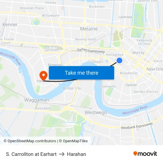 S. Carrollton at Earhart to Harahan map