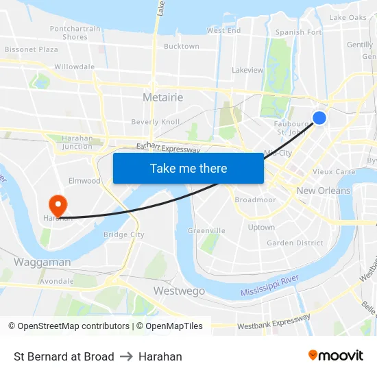 St Bernard at Broad to Harahan map