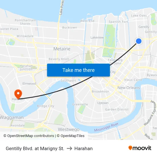 Gentilly Blvd. at Marigny St. to Harahan map