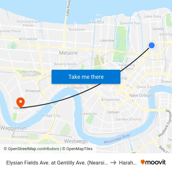 Elysian Fields Ave. at Gentilly Ave. (Nearside) to Harahan map