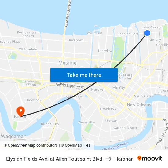 Elysian Fields Ave. at Allen Toussaint Blvd. to Harahan map