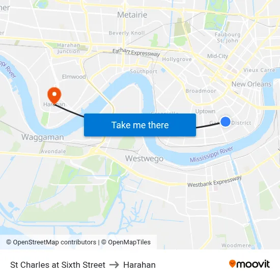 St Charles at Sixth Street to Harahan map