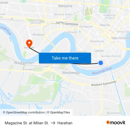 Magazine St. at Milan St. to Harahan map