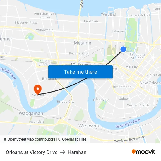 Orleans at Victory Drive to Harahan map