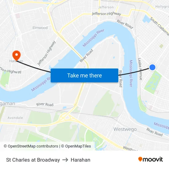 St Charles at Broadway to Harahan map