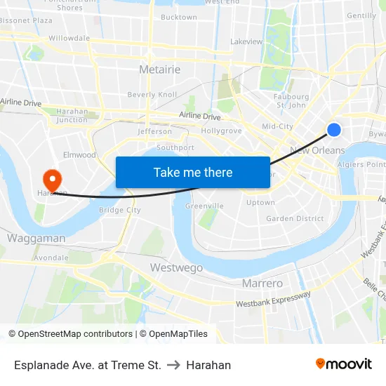 Esplanade Ave. at Treme St. to Harahan map