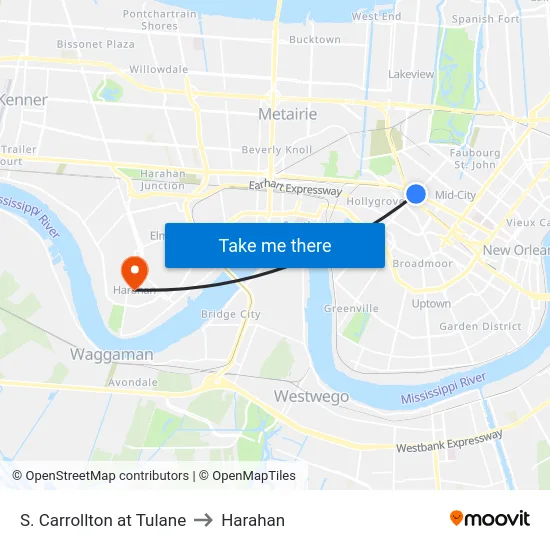 S. Carrollton at Tulane to Harahan map
