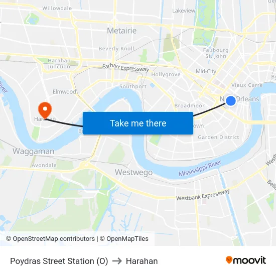 Poydras Street Station (O) to Harahan map