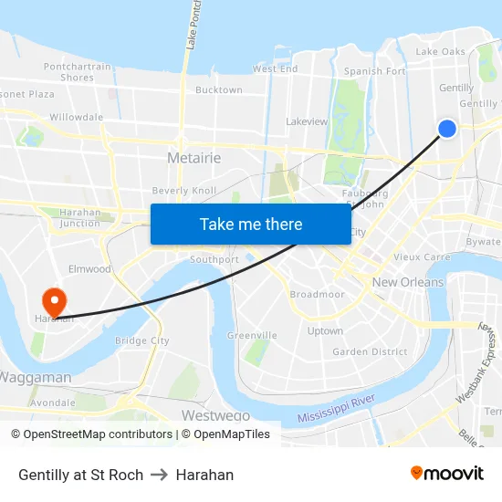 Gentilly at St Roch to Harahan map