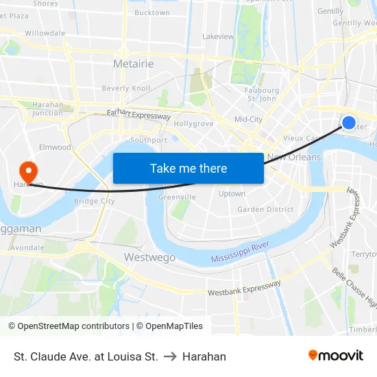 St. Claude Ave. at Louisa St. to Harahan map