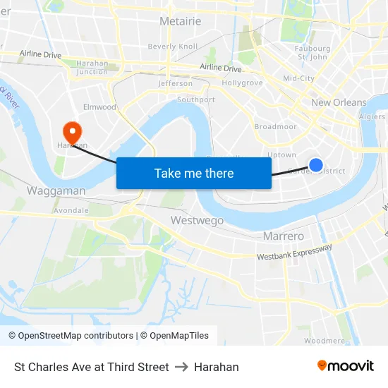 St Charles Ave at Third Street to Harahan map