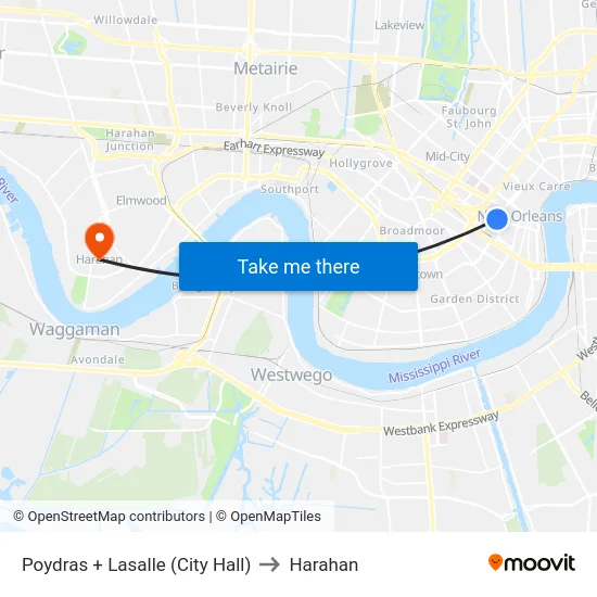 Poydras + Lasalle (City Hall) to Harahan map