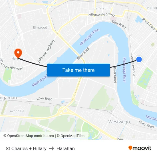 St Charles + Hillary to Harahan map